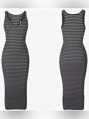 Black and White Striped Tank Maxi Dress - Sleeveless